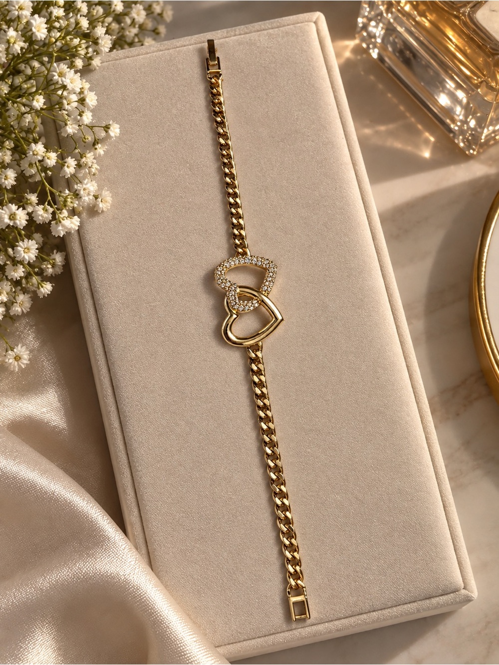 Gold Heart Link Bracelet with Crystal Accents - Women Jewelry